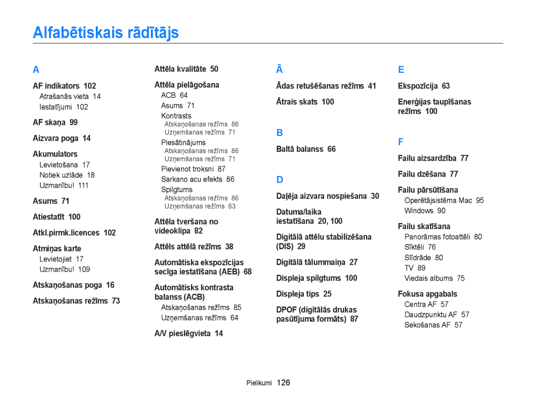 Samsung EC-ST66ZZBPSE2, EC-ST66ZZBPPE2, EC-ST66ZZBPRE2, EC-ST66ZZFPBE2, EC-ST66ZZFPRE2, EC-ST66ZZBPUE2 Alfabētiskais rādītājs 