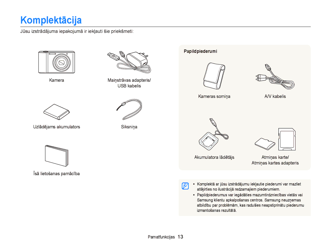 Samsung EC-ST66ZZFPSE2, EC-ST66ZZBPPE2, EC-ST66ZZBPRE2, EC-ST66ZZFPBE2, EC-ST66ZZFPRE2 manual Komplektācija, Papildpiederumi 