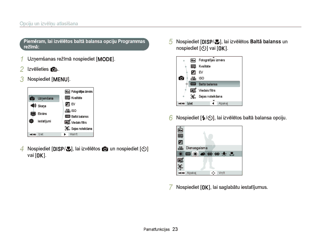 Samsung EC-ST66ZZBPPE2 manual Opciju un izvēlņu atlasīšana, Uzņemšanas režīmā nospiediet M Izvēlieties p Nospiediet m 