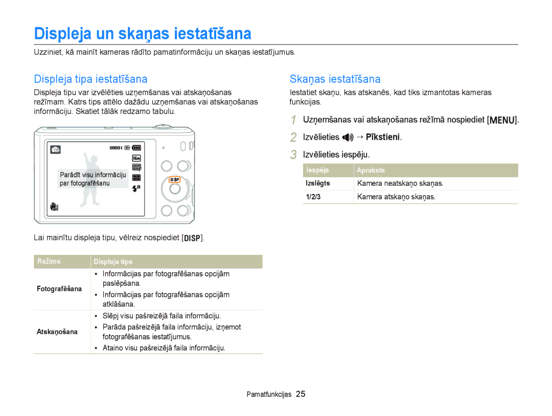 Samsung EC-ST66ZZFPBE2, EC-ST66ZZBPPE2 manual Displeja un skaņas iestatīšana, Displeja tipa iestatīšana, Skaņas iestatīšana 