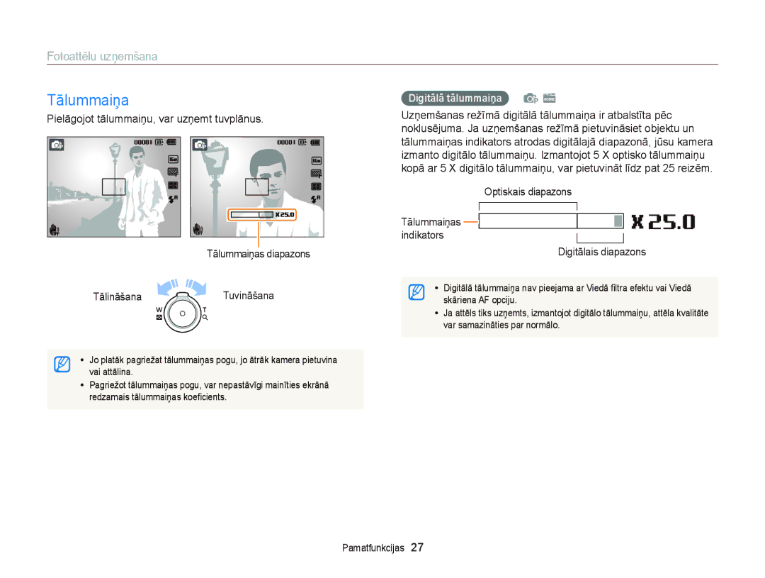 Samsung EC-ST66ZZBPUE2, EC-ST66ZZBPPE2 manual Tālummaiņa, Fotoattēlu uzņemšana, Digitālā tālummaiņa p s, Optiskais diapazons 