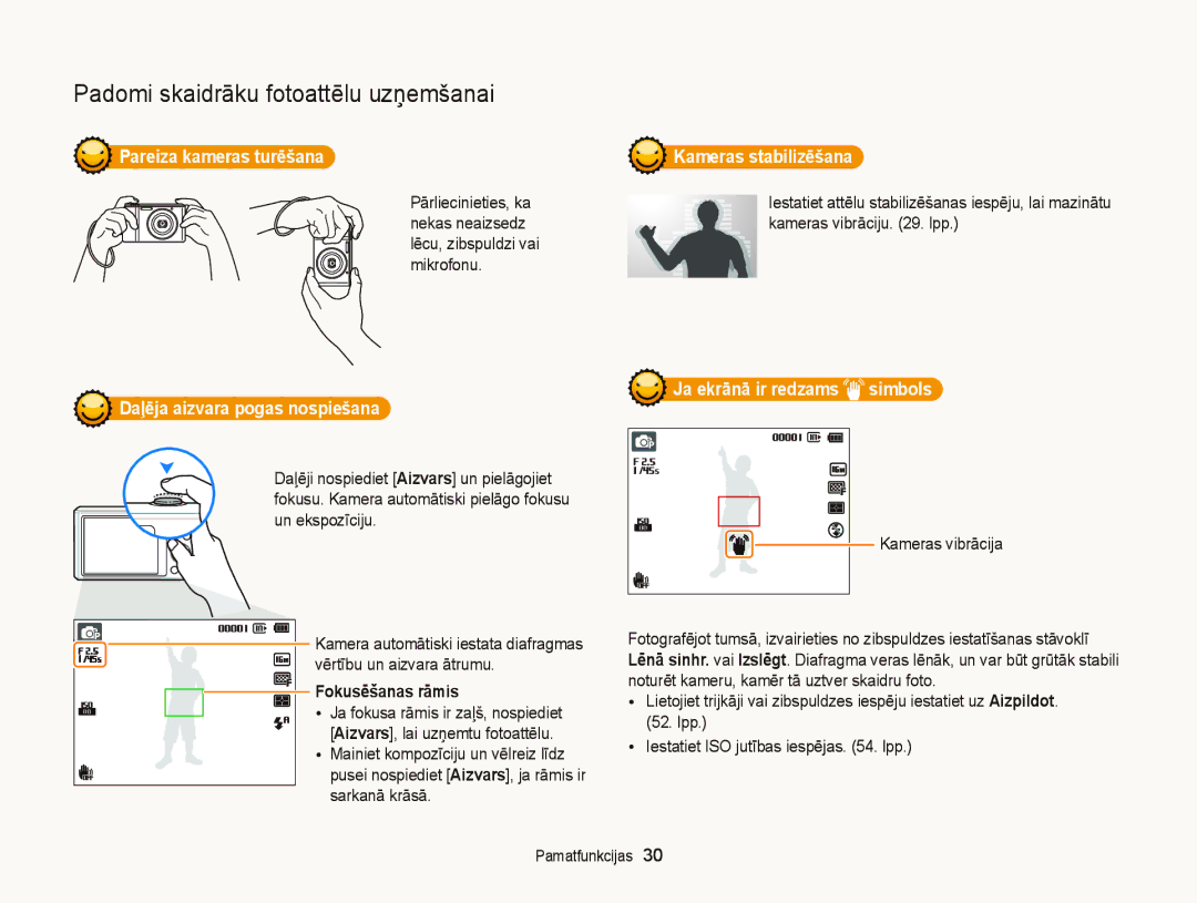 Samsung EC-ST66ZZBPSE2 manual Pareiza kameras turēšana Kameras stabilizēšana, Pārliecinieties, ka, Fokusēšanas rāmis 