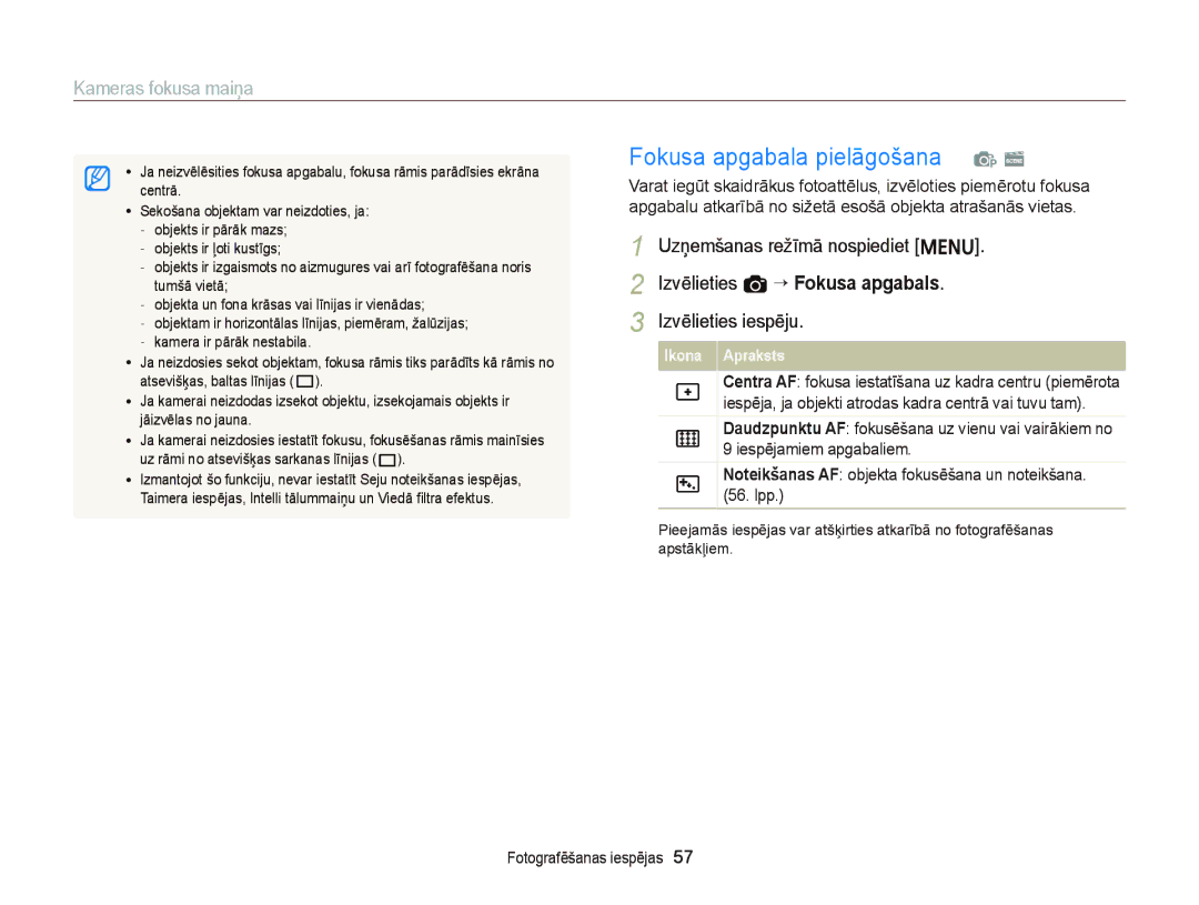 Samsung EC-ST66ZZFPBE2, EC-ST66ZZBPPE2, EC-ST66ZZBPRE2, EC-ST66ZZFPRE2, EC-ST66ZZBPUE2 manual Fokusa apgabala pielāgošana p s 