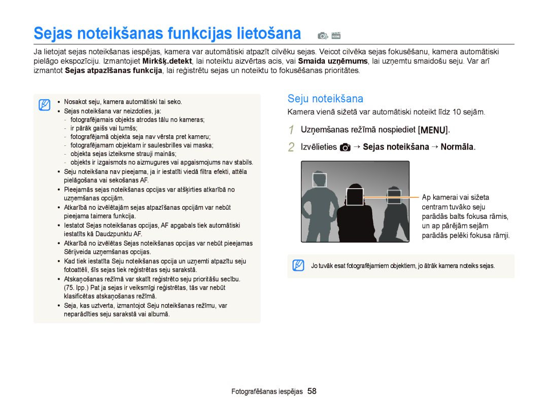 Samsung EC-ST66ZZFPRE2, EC-ST66ZZBPPE2 manual Seju noteikšana, Kamera vienā sižetā var automātiski noteikt līdz 10 sejām 