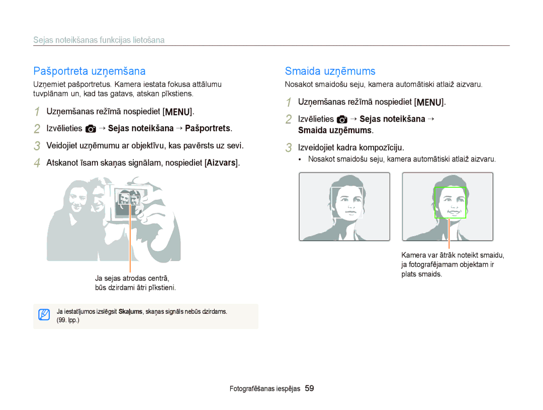 Samsung EC-ST66ZZBPUE2, EC-ST66ZZBPPE2 manual Pašportreta uzņemšana, Smaida uzņēmums, Sejas noteikšanas funkcijas lietošana 