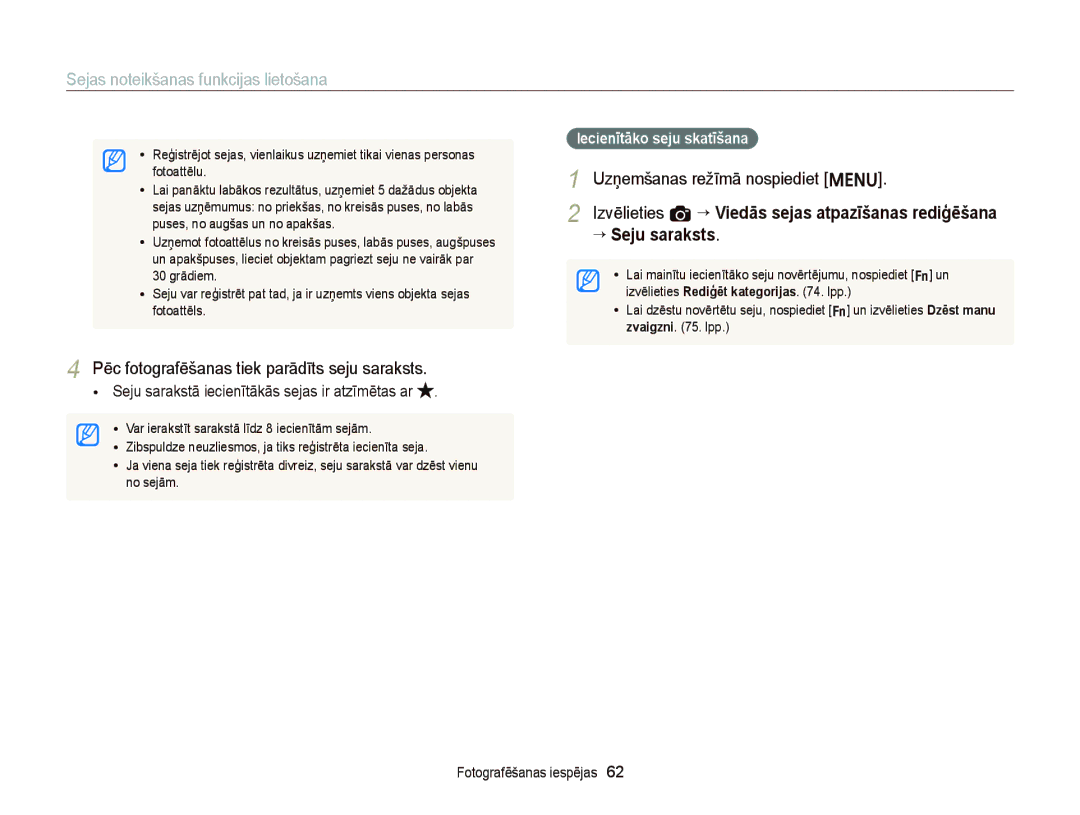 Samsung EC-ST66ZZBPSE2, EC-ST66ZZBPPE2 manual Pēc fotografēšanas tiek parādīts seju saraksts, Iecienītāko seju skatīšana 