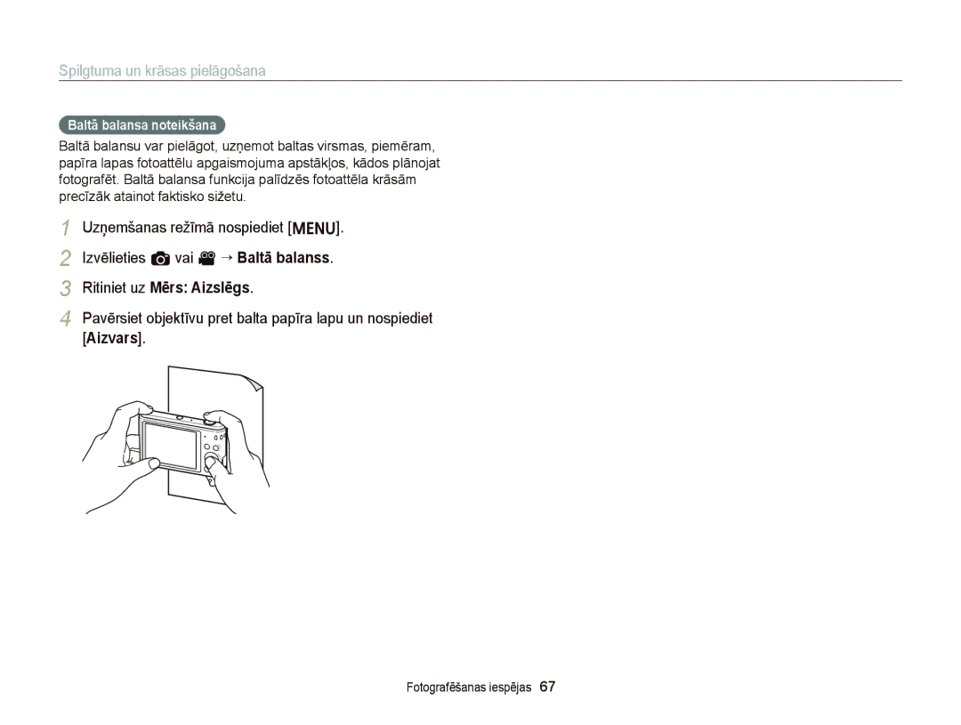 Samsung EC-ST66ZZBPUE2, EC-ST66ZZBPPE2, EC-ST66ZZBPRE2, EC-ST66ZZFPBE2, EC-ST66ZZFPRE2 manual Baltā balansa noteikšana 