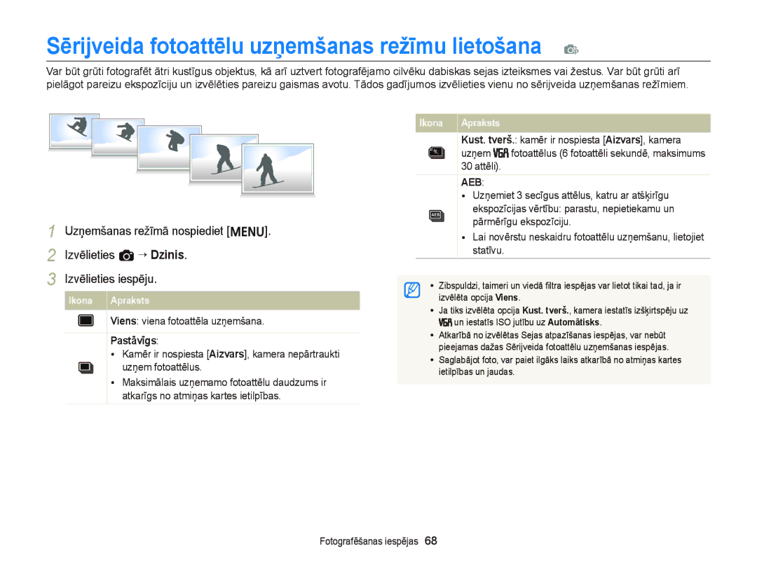 Samsung EC-ST66ZZBPBE2, EC-ST66ZZBPPE2, EC-ST66ZZBPRE2 manual Sērijveida fotoattēlu uzņemšanas režīmu lietošana, Pastāvīgs 