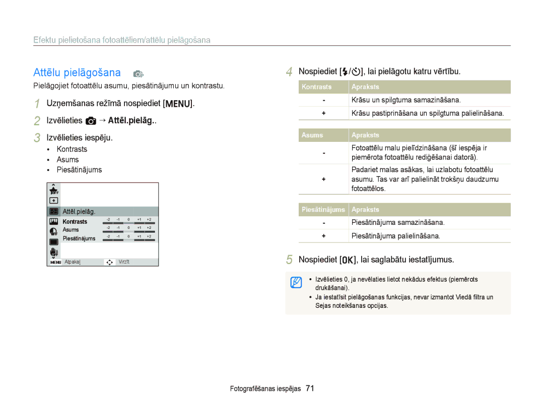 Samsung EC-ST66ZZBPPE2 Attēlu pielāgošana p, Nospiediet F/t, lai pielāgotu katru vērtību, Kontrasts Asums Piesātinājums 