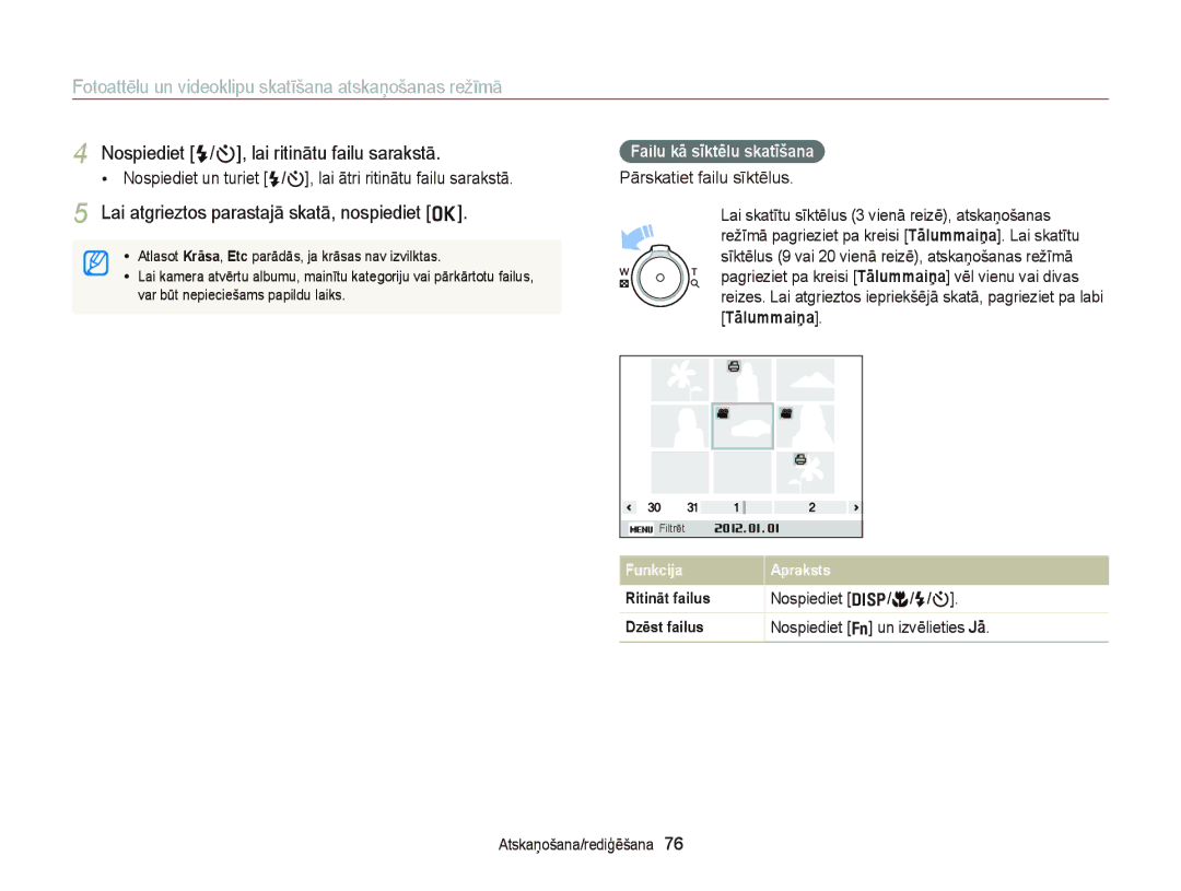 Samsung EC-ST66ZZBPBE2 manual Lai atgrieztos parastajā skatā, nospiediet o, Failu kā sīktēlu skatīšana, Tālummaiņa 