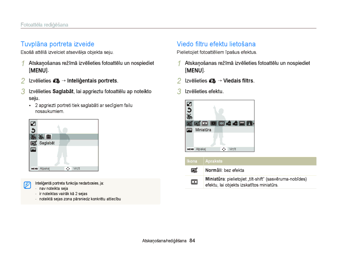 Samsung EC-ST66ZZBPBE2, EC-ST66ZZBPPE2, EC-ST66ZZBPRE2 manual Tuvplāna portreta izveide, Fotoattēla rediģēšana, Seju 