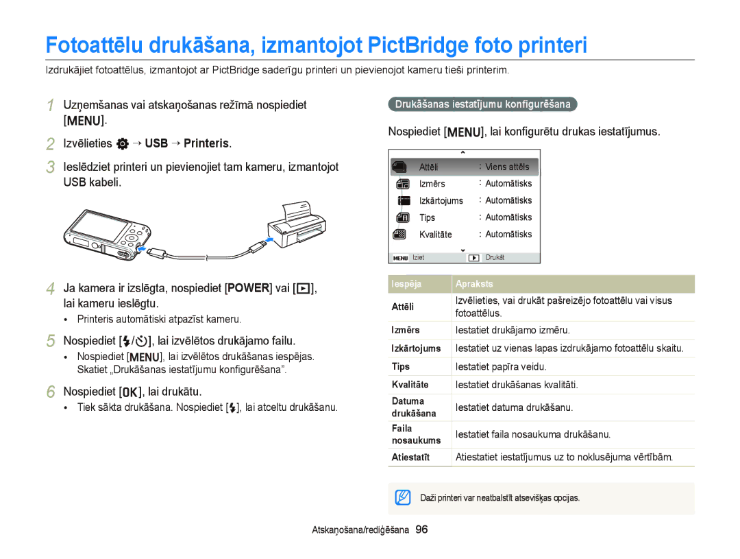 Samsung EC-ST66ZZBPRE2, EC-ST66ZZBPPE2, EC-ST66ZZFPBE2 manual Fotoattēlu drukāšana, izmantojot PictBridge foto printeri 