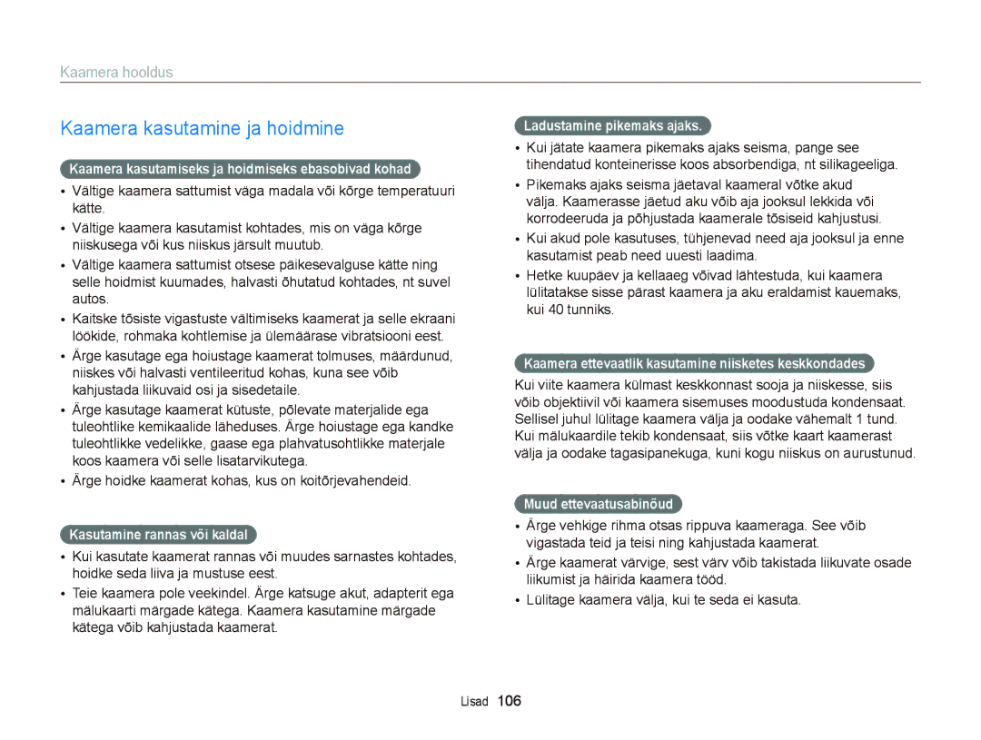 Samsung EC-ST66ZZFPRE2, EC-ST66ZZBPPE2, EC-ST66ZZBPRE2, EC-ST66ZZFPBE2 manual Kaamera kasutamine ja hoidmine, Kaamera hooldus 