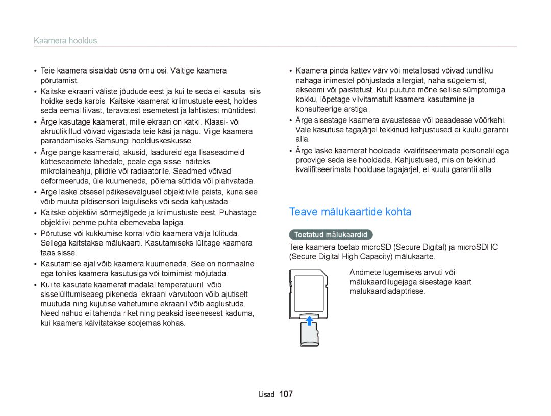 Samsung EC-ST66ZZBPUE2, EC-ST66ZZBPPE2, EC-ST66ZZBPRE2, EC-ST66ZZFPBE2 manual Teave mälukaartide kohta, Toetatud mälukaardid 