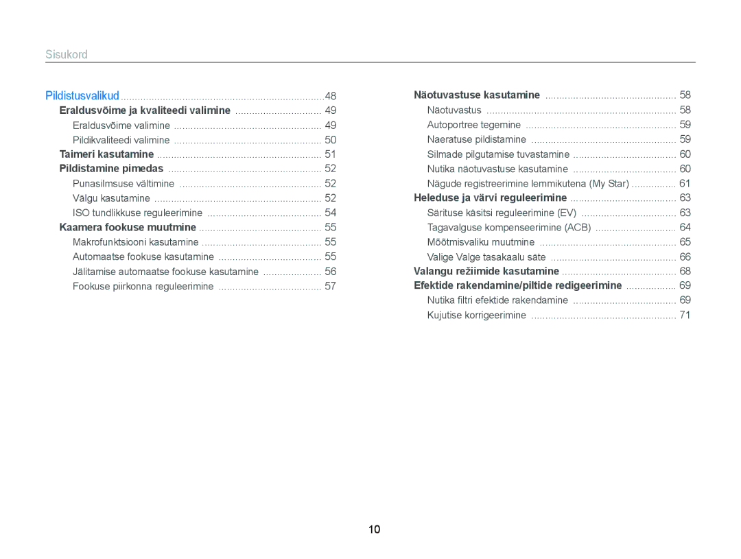 Samsung EC-ST66ZZFPRE2, EC-ST66ZZBPPE2, EC-ST66ZZBPRE2, EC-ST66ZZFPBE2 manual Sisukord, Nutika näotuvastuse kasutamine 