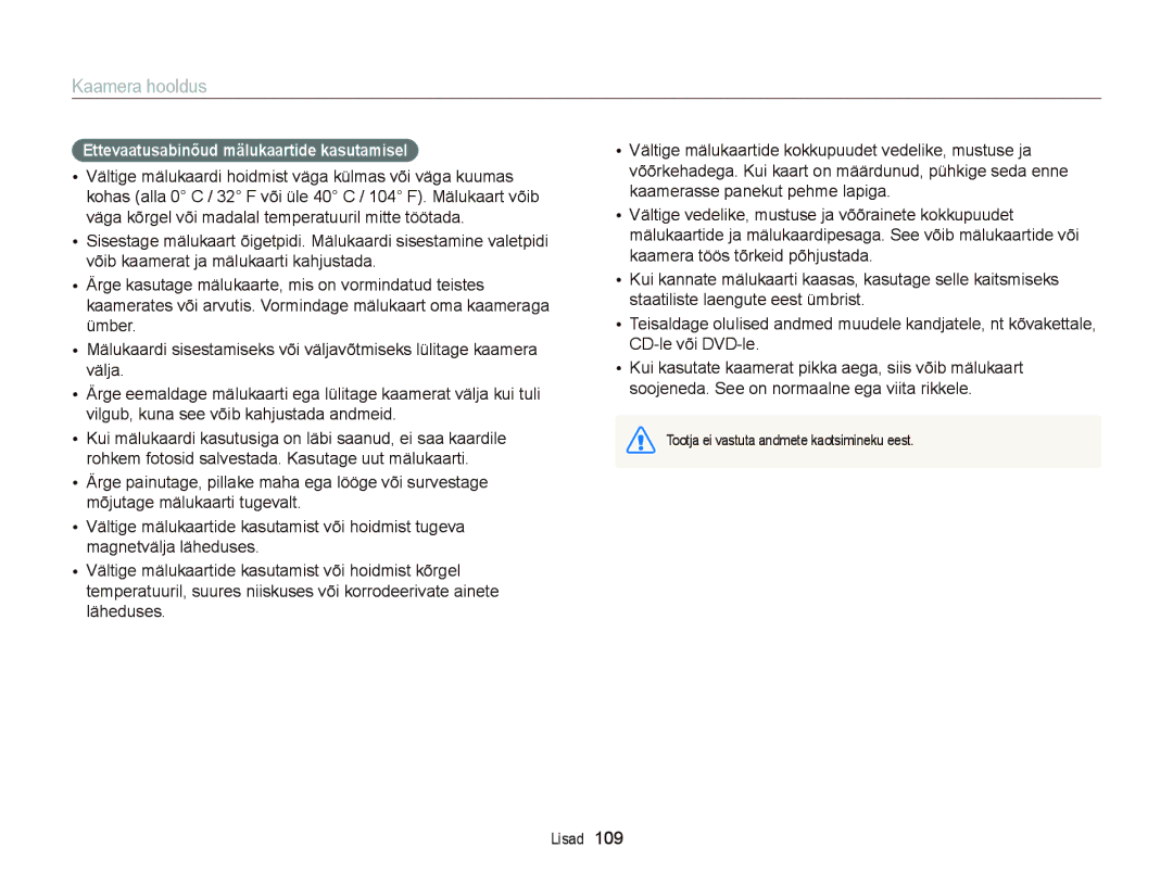 Samsung EC-ST66ZZFPSE2, EC-ST66ZZBPPE2, EC-ST66ZZBPRE2, EC-ST66ZZFPBE2 manual Ettevaatusabinõud mälukaartide kasutamisel 