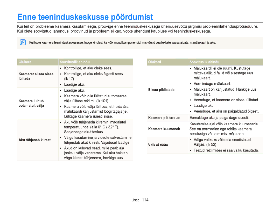 Samsung EC-ST66ZZFPRE2, EC-ST66ZZBPPE2, EC-ST66ZZBPRE2, EC-ST66ZZFPBE2, EC-ST66ZZBPUE2 manual Enne teeninduskeskusse pöördumist 