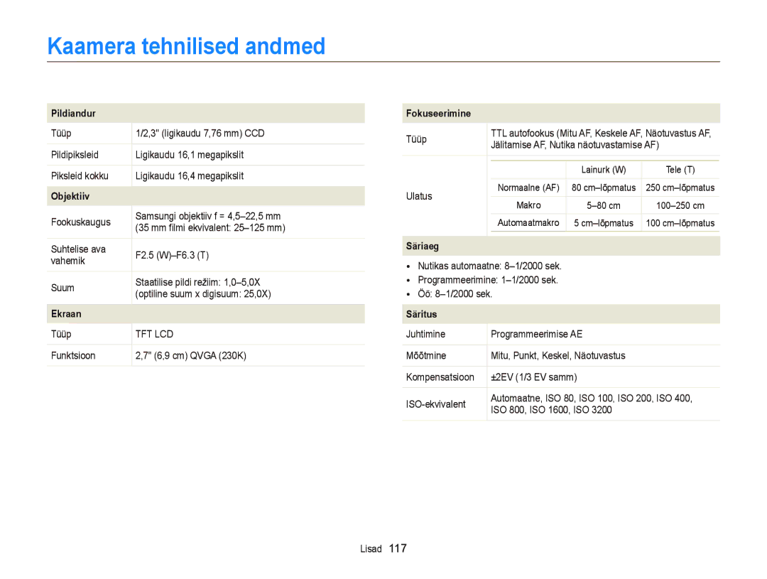 Samsung EC-ST66ZZFPSE2, EC-ST66ZZBPPE2, EC-ST66ZZBPRE2, EC-ST66ZZFPBE2, EC-ST66ZZFPRE2 Kaamera tehnilised andmed, Pildiandur 