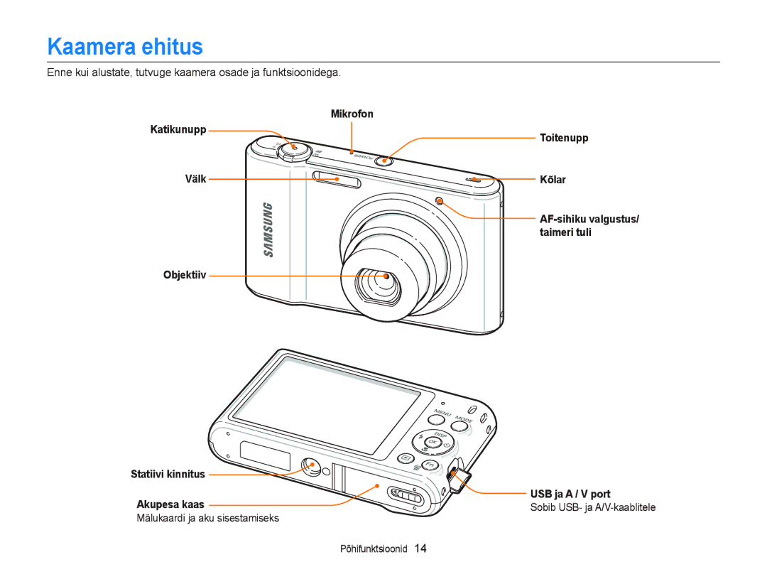 Samsung EC-ST66ZZBPSE2 Kaamera ehitus, Enne kui alustate, tutvuge kaamera osade ja funktsioonidega, USB ja a / V port 