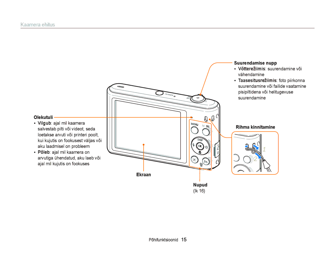 Samsung EC-ST66ZZBPPE2 manual Kaamera ehitus, Olekutuli, Suurendamise nupp, Võtterežiimis suurendamine või vähendamine 