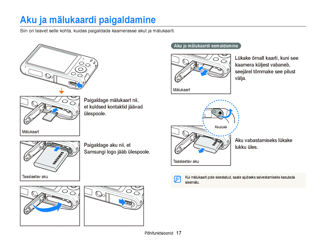 Samsung EC-ST66ZZFPBE2 Aku ja mälukaardi paigaldamine, Aku vabastamiseks lükake lukku üles, Aku ja mälukaardi eemaldamine 