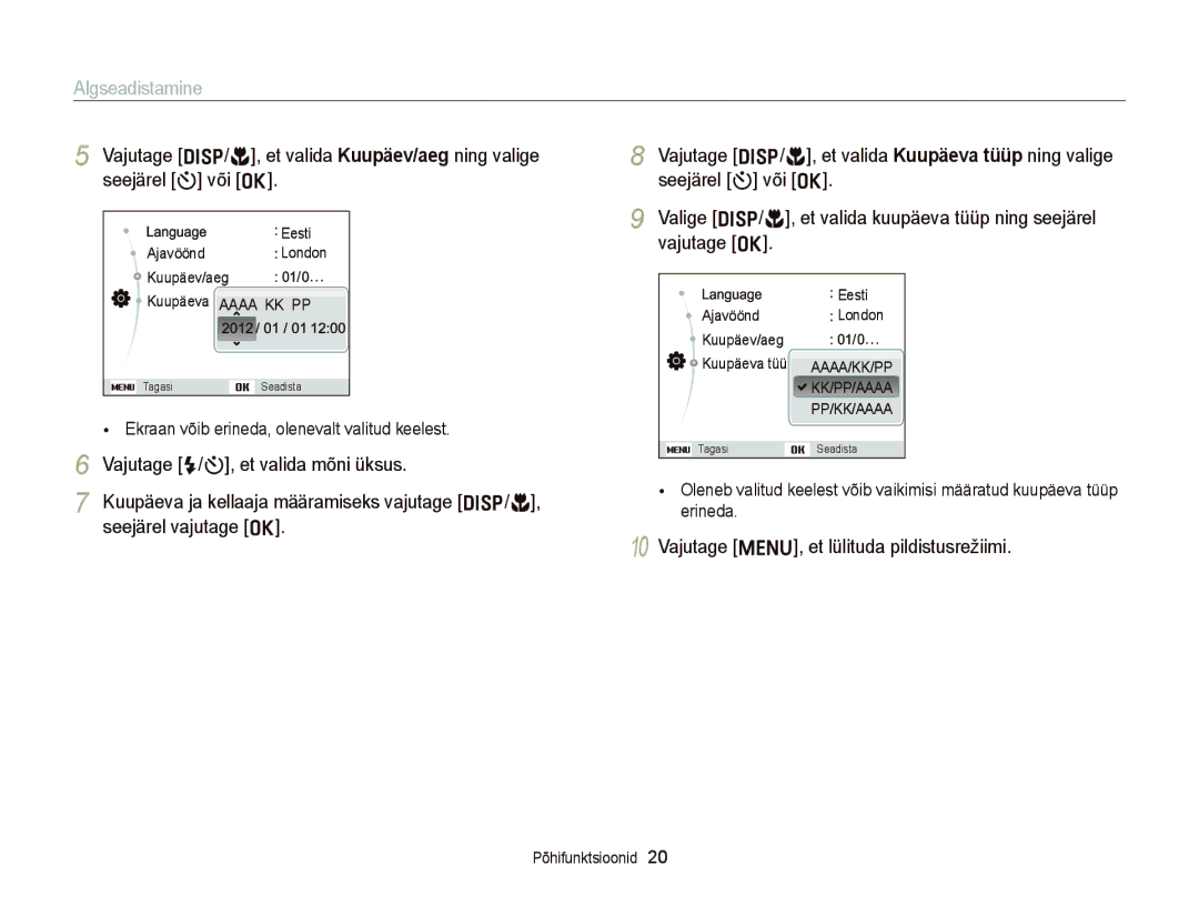 Samsung EC-ST66ZZBPBE2, EC-ST66ZZBPPE2, EC-ST66ZZBPRE2 manual Algseadistamine, Vajutage m, et lülituda pildistusrežiimi 