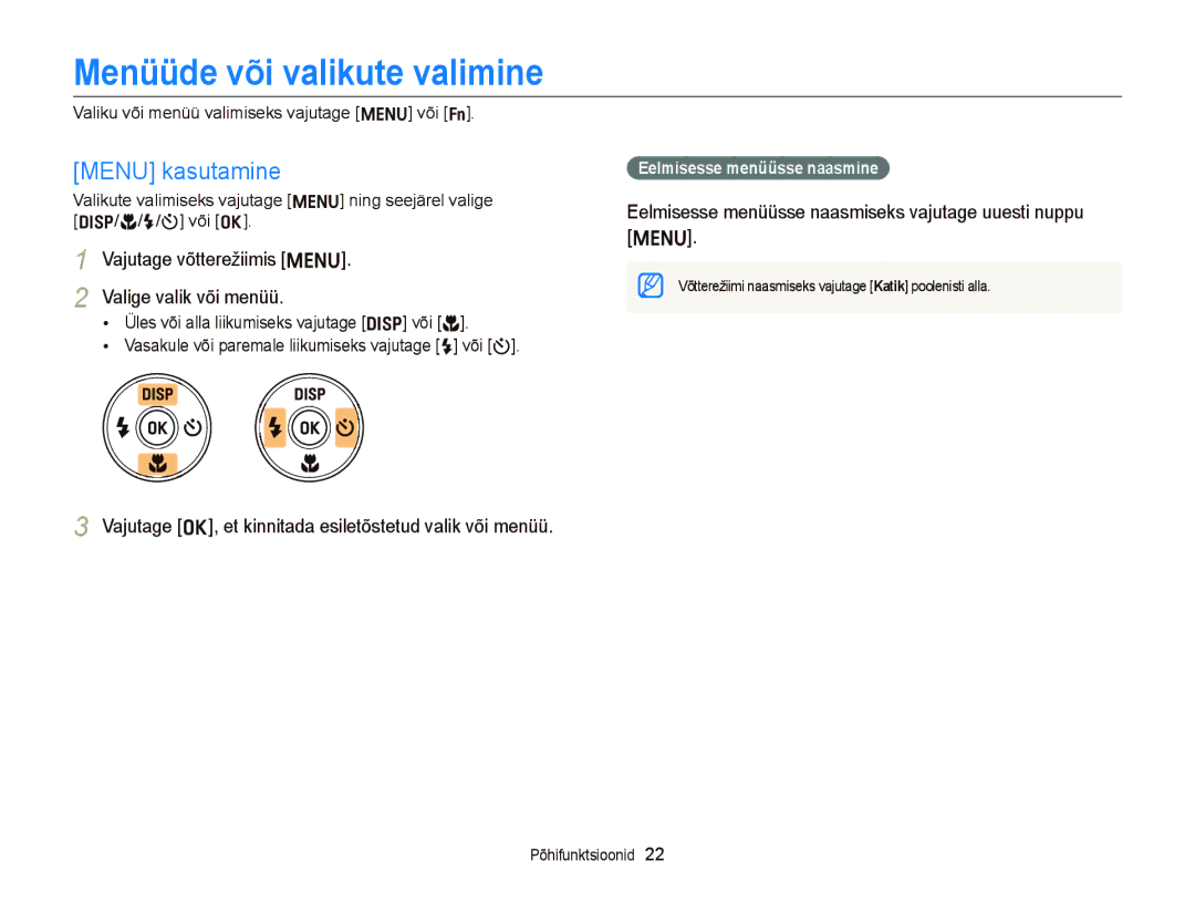 Samsung EC-ST66ZZBPSE2, EC-ST66ZZBPPE2 manual Menüüde või valikute valimine, Menu kasutamine, Valige valik või menüü 