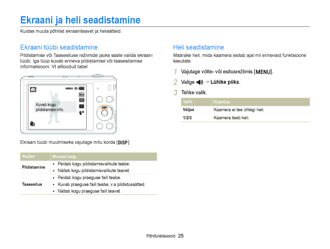 Samsung EC-ST66ZZFPBE2, EC-ST66ZZBPPE2 manual Ekraani ja heli seadistamine, Ekraani tüübi seadistamine, Heli seadistamine 