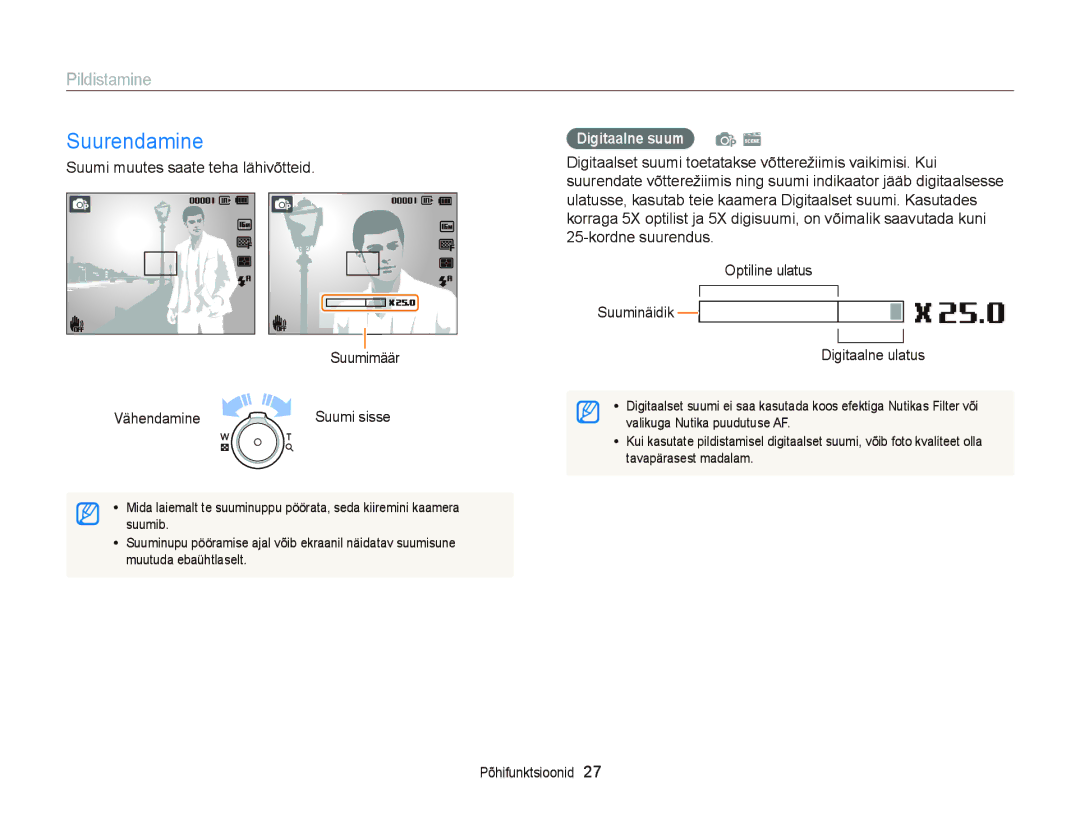 Samsung EC-ST66ZZBPUE2 manual Suurendamine, Pildistamine, Suumi muutes saate teha lähivõtteid Suumimäär Vähendamine 