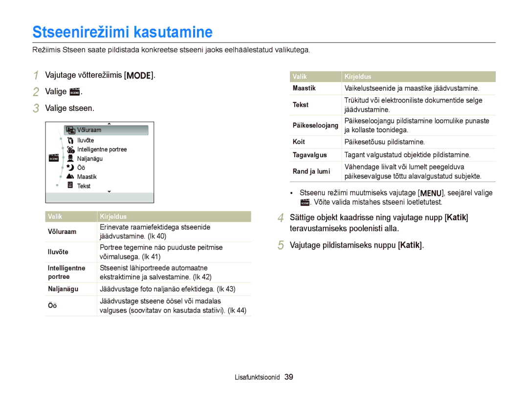 Samsung EC-ST66ZZBPPE2, EC-ST66ZZBPRE2 manual Stseenirežiimi kasutamine, Vajutage võtterežiimis M Valige s Valige stseen 