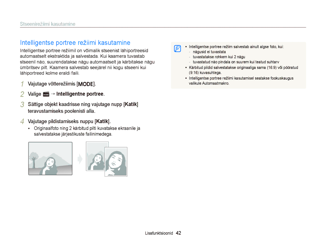 Samsung EC-ST66ZZFPRE2, EC-ST66ZZBPPE2 manual Intelligentse portree režiimi kasutamine, Valige s “ Intelligentne portree 