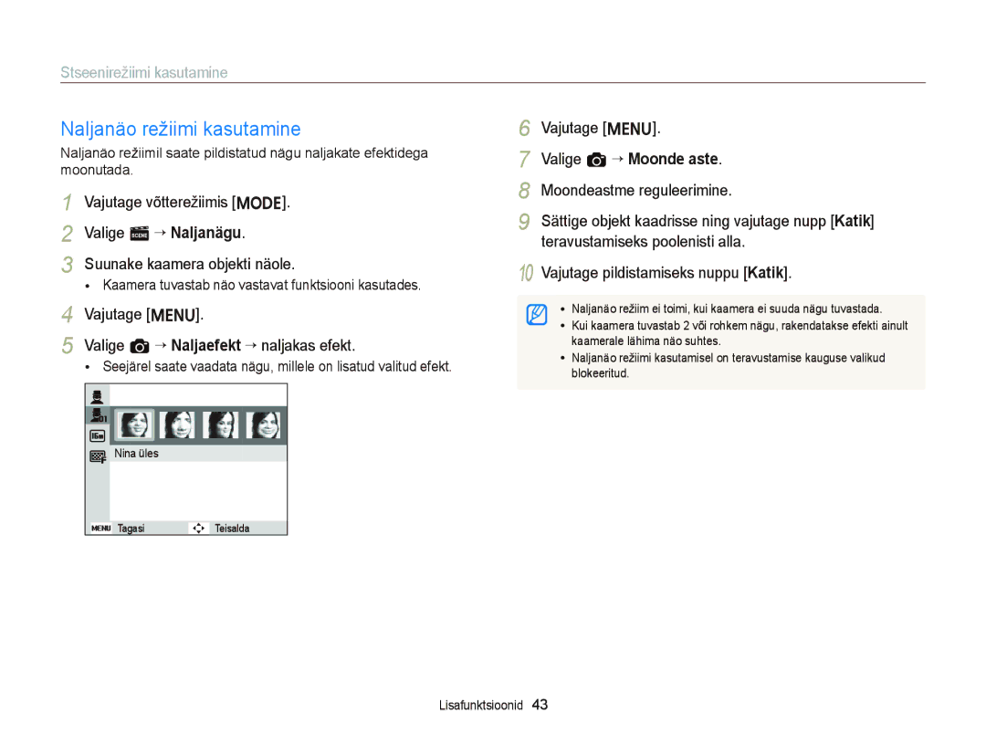 Samsung EC-ST66ZZBPUE2, EC-ST66ZZBPPE2 manual Naljanäo režiimi kasutamine, Vajutage m Valige a “ Naljaefekt “ naljakas efekt 