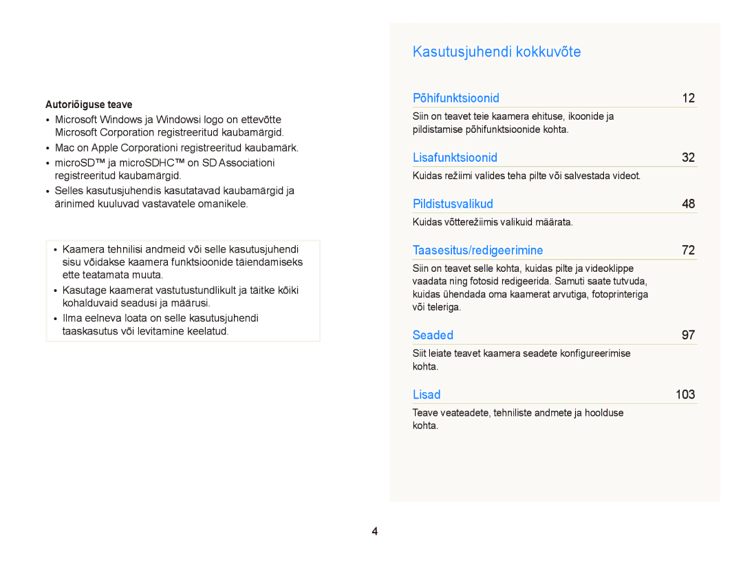 Samsung EC-ST66ZZBPBE2 Kasutusjuhendi kokkuvõte, Autoriõiguse teave, Kuidas võtterežiimis valikuid määrata, Või teleriga 