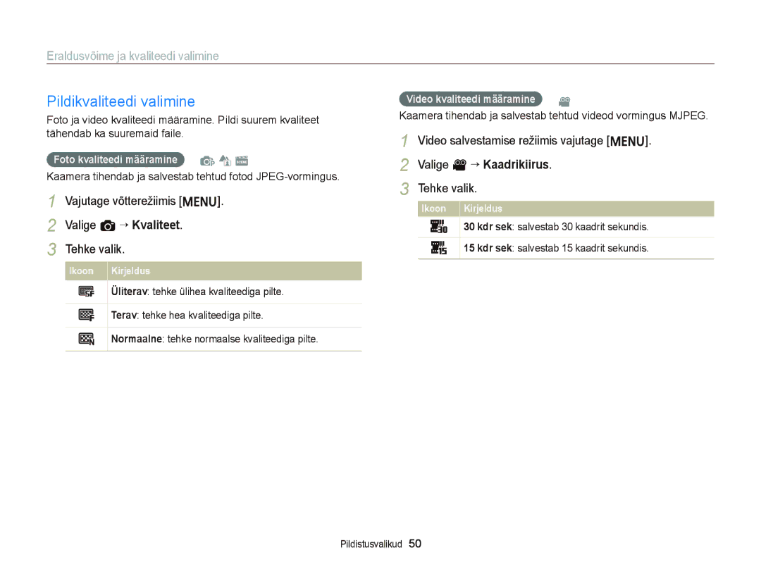 Samsung EC-ST66ZZFPRE2, EC-ST66ZZBPPE2, EC-ST66ZZBPRE2 manual Pildikvaliteedi valimine, Eraldusvõime ja kvaliteedi valimine 