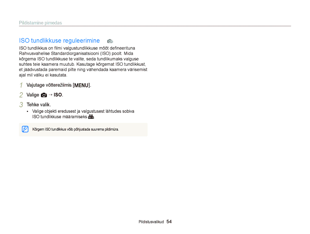 Samsung EC-ST66ZZBPSE2 manual ISO tundlikkuse reguleerimine p, Vajutage võtterežiimis m Valige a “ ISO Tehke valik 