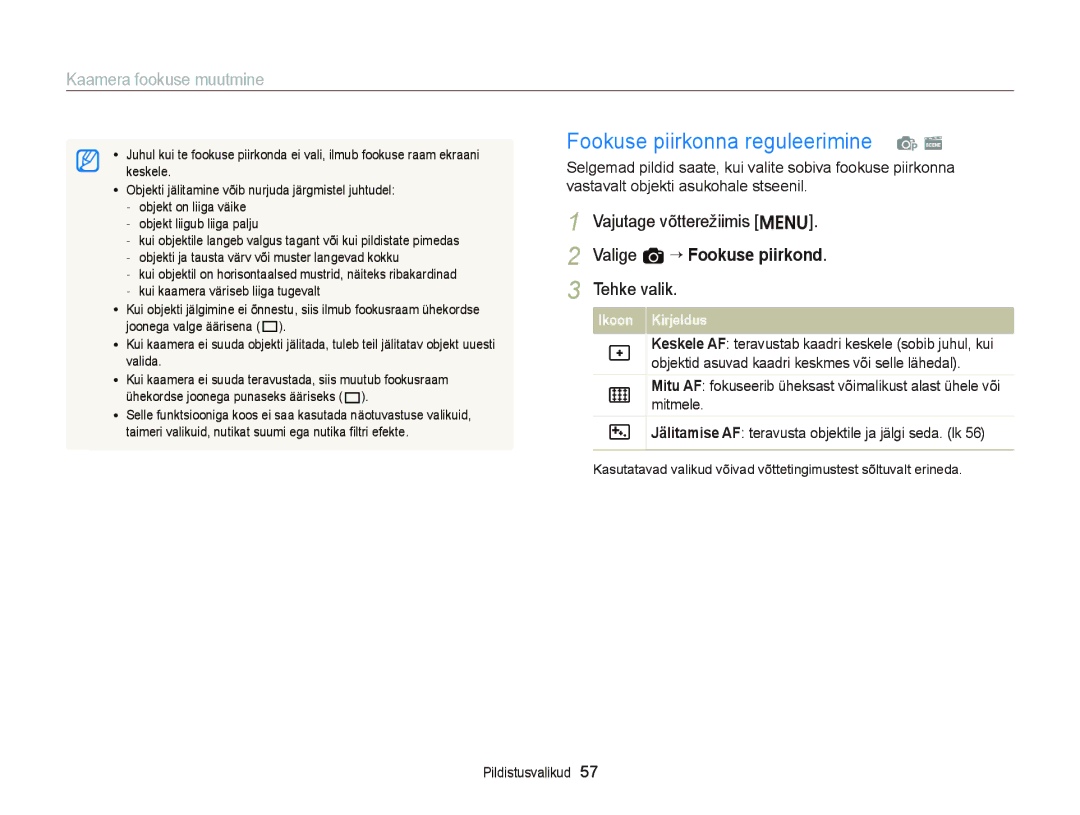 Samsung EC-ST66ZZFPBE2, EC-ST66ZZBPPE2, EC-ST66ZZBPRE2 Fookuse piirkonna reguleerimine p s, Valige a “ Fookuse piirkond 