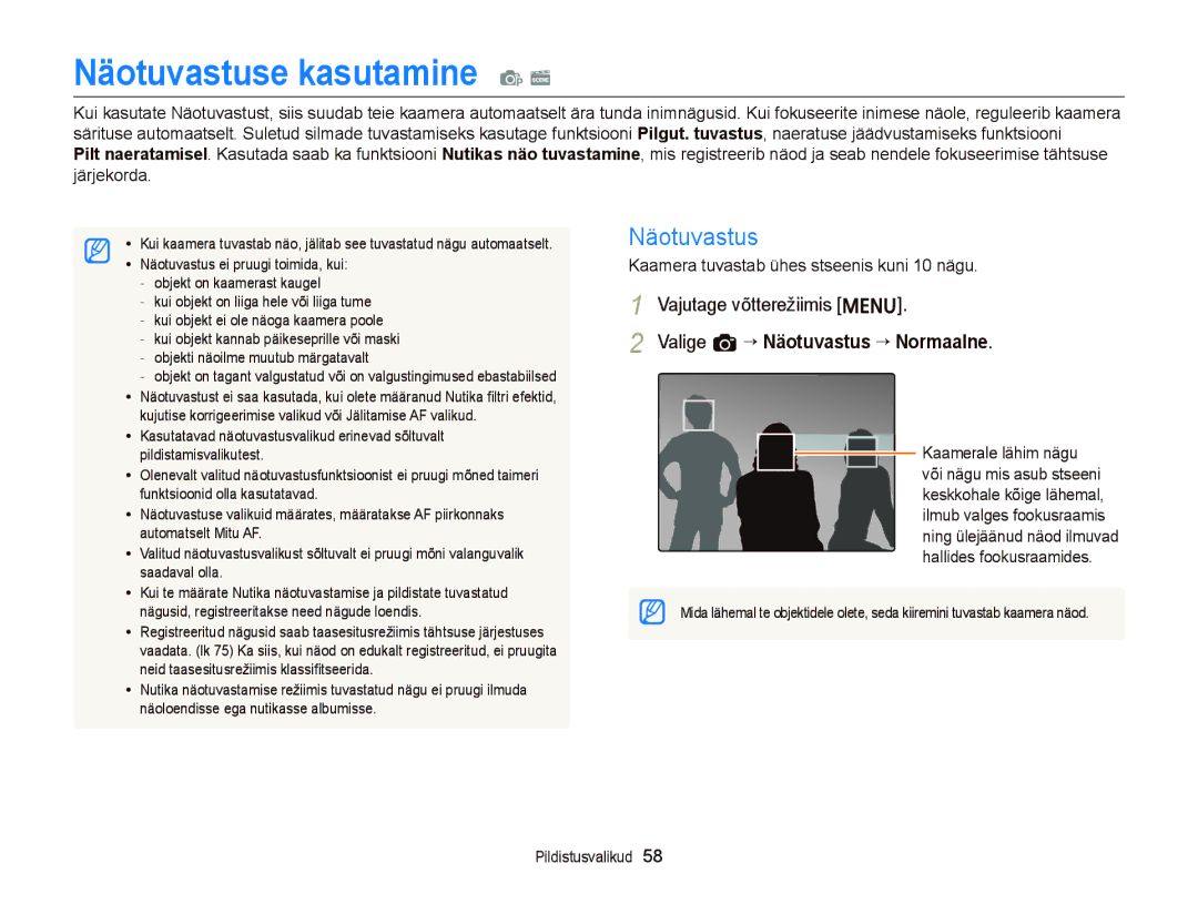 Samsung EC-ST66ZZFPRE2, EC-ST66ZZBPPE2, EC-ST66ZZBPRE2 manual Näotuvastuse kasutamine p s, Valige a “ Näotuvastus “ Normaalne 