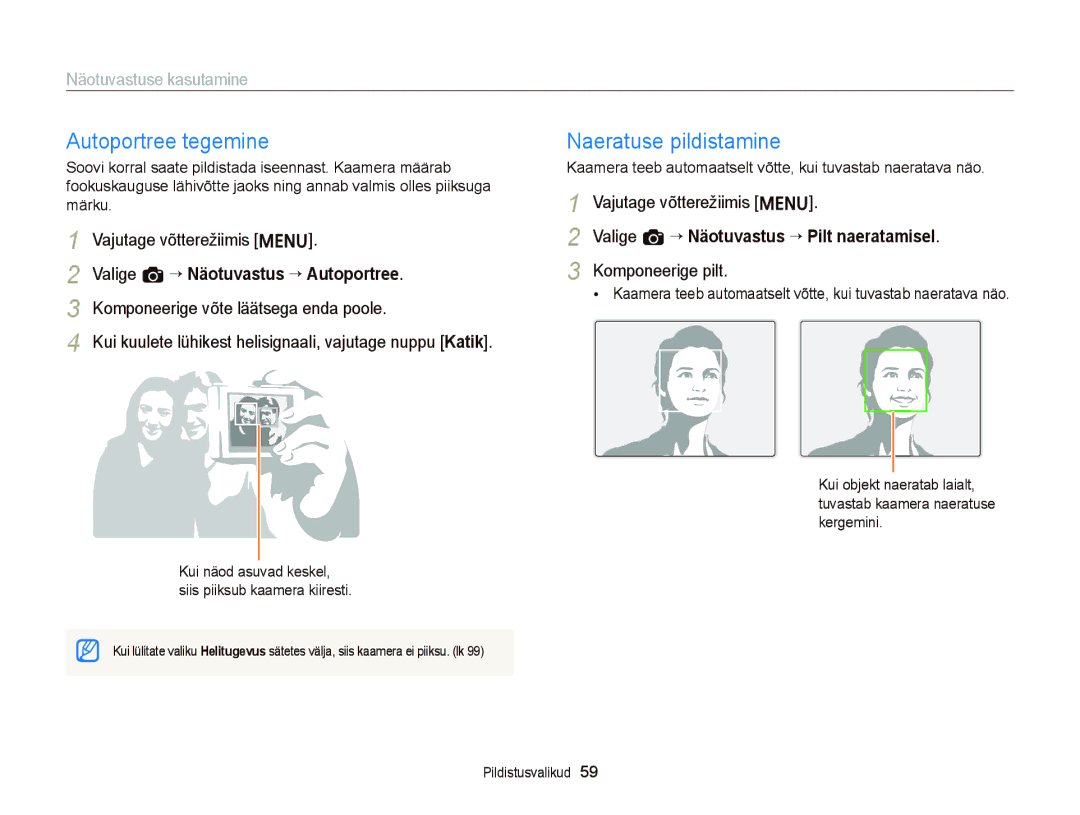Samsung EC-ST66ZZBPUE2, EC-ST66ZZBPPE2 manual Autoportree tegemine, Naeratuse pildistamine, Näotuvastuse kasutamine 