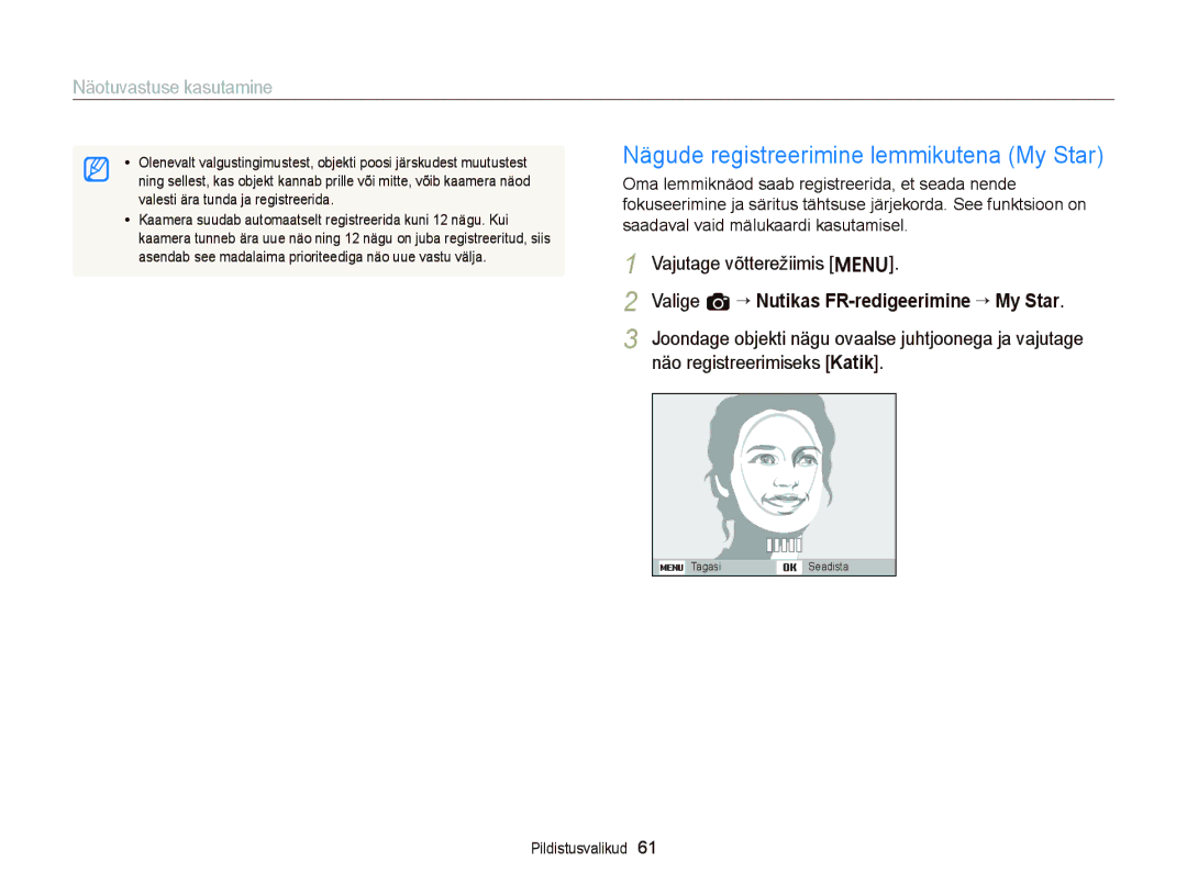 Samsung EC-ST66ZZFPSE2 manual Nägude registreerimine lemmikutena My Star, Valige a “ Nutikas FR-redigeerimine “ My Star 