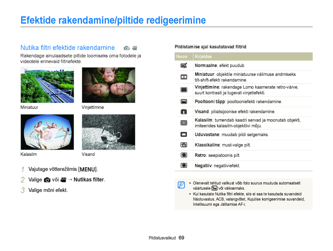 Samsung EC-ST66ZZFPSE2 Efektide rakendamine/piltide redigeerimine, Nutika ﬁltri efektide rakendamine p, Valige mõni efekt 