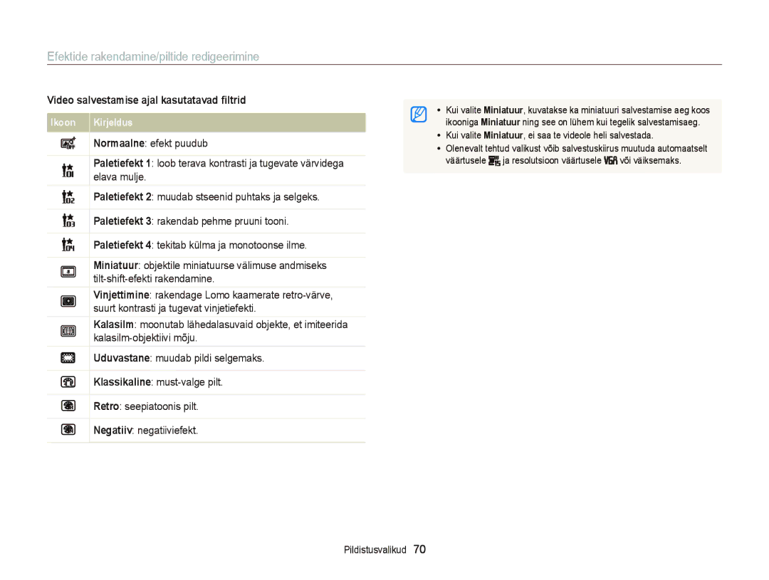 Samsung EC-ST66ZZBPSE2 manual Efektide rakendamine/piltide redigeerimine, Video salvestamise ajal kasutatavad ﬁltrid 