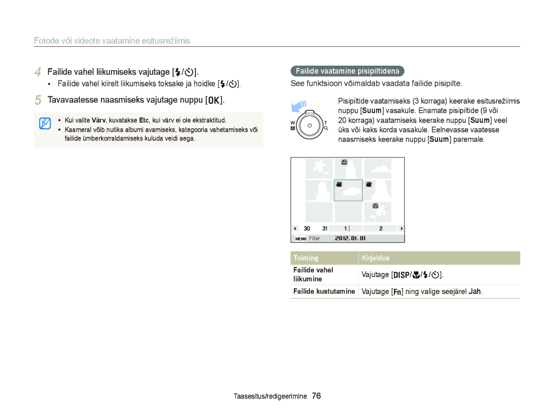 Samsung EC-ST66ZZBPBE2 manual Tavavaatesse naasmiseks vajutage nuppu o, Failide vaatamine pisipiltidena, Vajutage D/c/F/t 