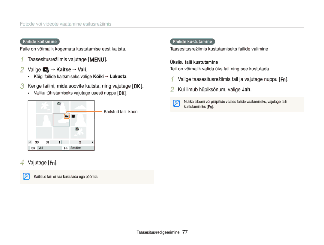 Samsung EC-ST66ZZFPSE2 Valige u “ Kaitse “ Vali, Kerige failini, mida soovite kaitsta, ning vajutage o, Failide kaitsmine 