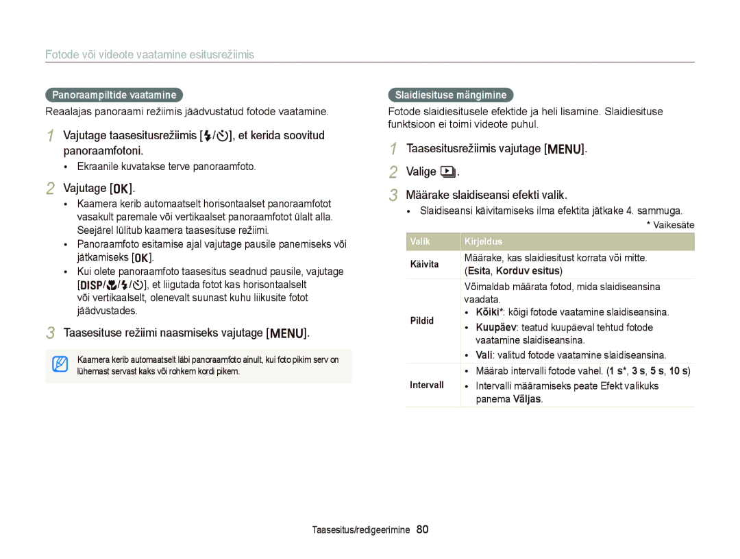 Samsung EC-ST66ZZBPRE2, EC-ST66ZZBPPE2 Vajutage o, Taasesituse režiimi naasmiseks vajutage m, Panoraampiltide vaatamine 