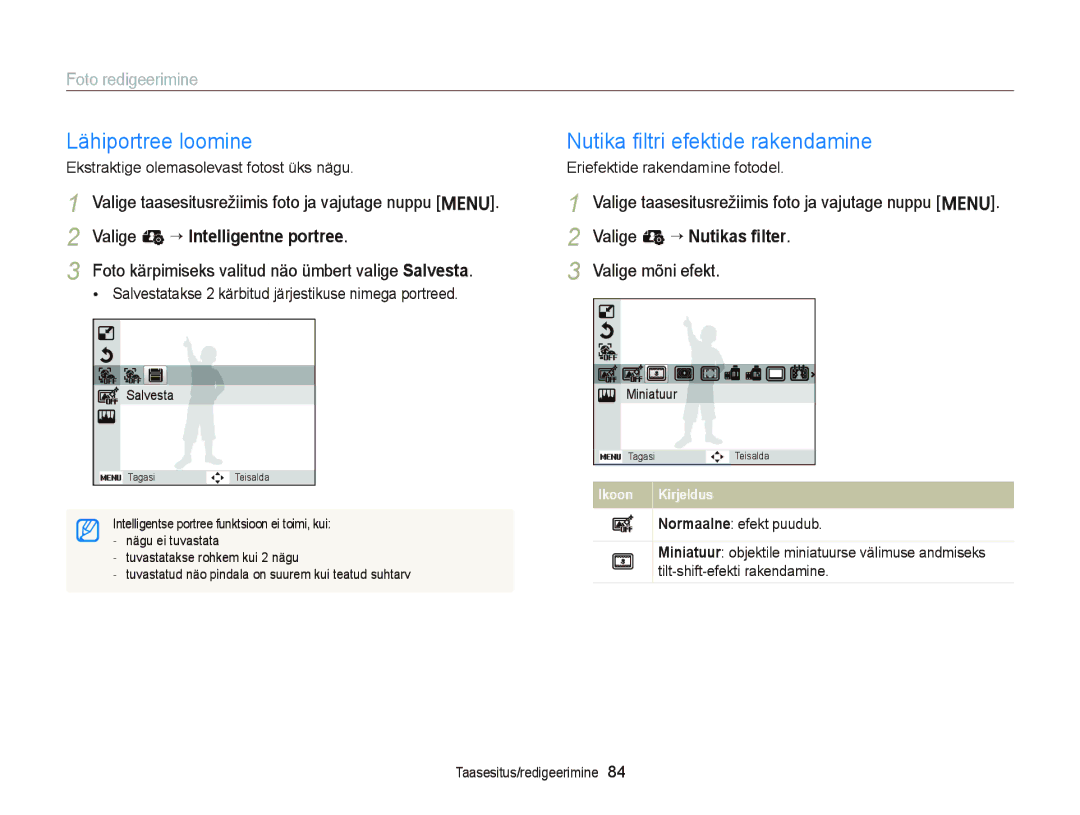 Samsung EC-ST66ZZBPBE2 manual Lähiportree loomine, Foto redigeerimine, Foto kärpimiseks valitud näo ümbert valige Salvesta 