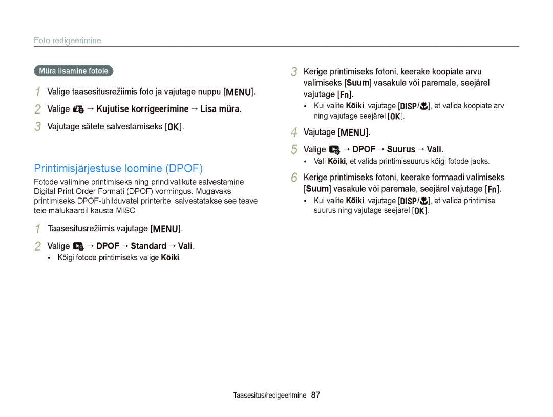 Samsung EC-ST66ZZBPPE2, EC-ST66ZZBPRE2 Printimisjärjestuse loomine Dpof, Valige e “ Kujutise korrigeerimine “ Lisa müra 