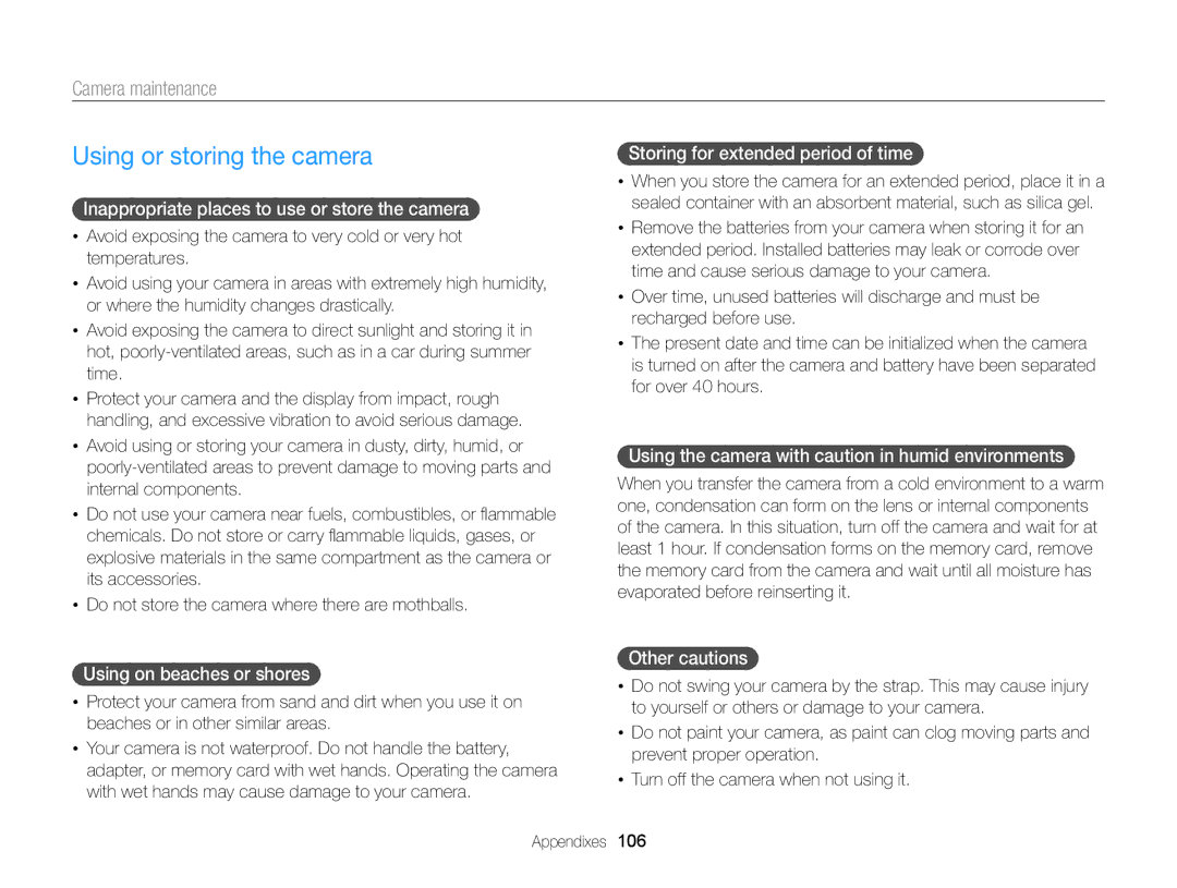 Samsung EC-ST66ZZBPRUS user manual Using or storing the camera, Camera maintenance 