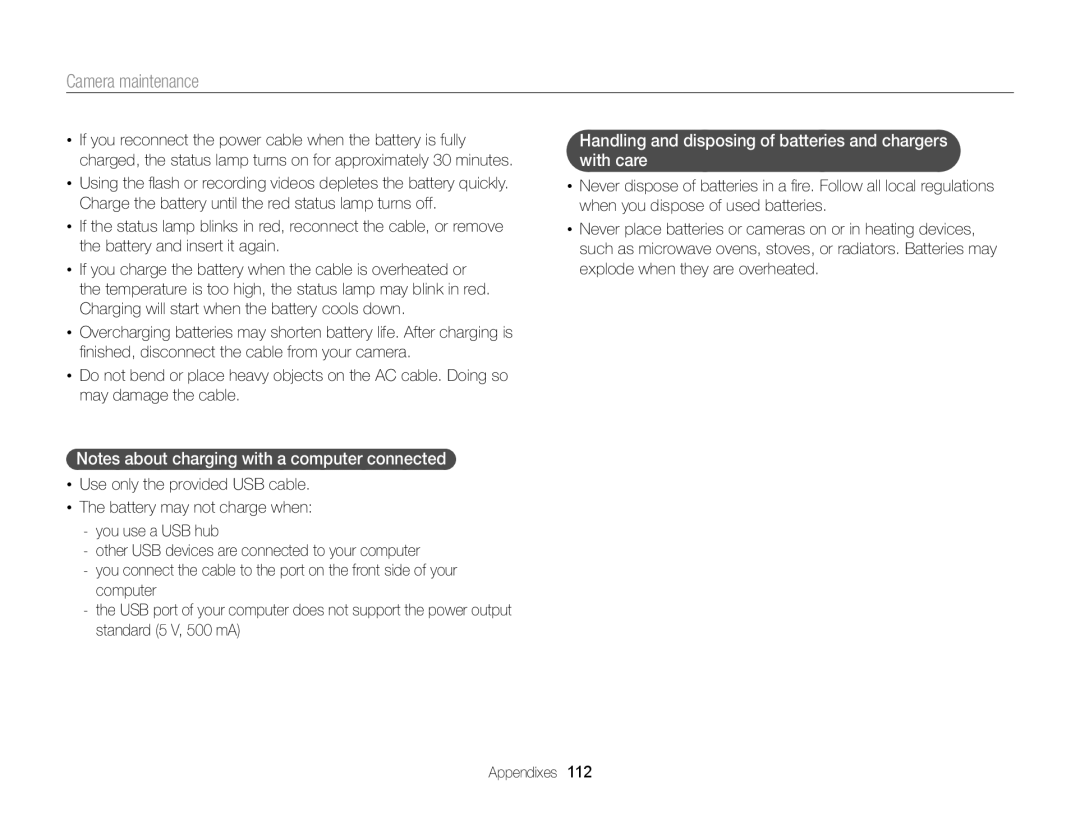 Samsung EC-ST66ZZBPRUS user manual Handling and disposing of batteries and chargers with care 