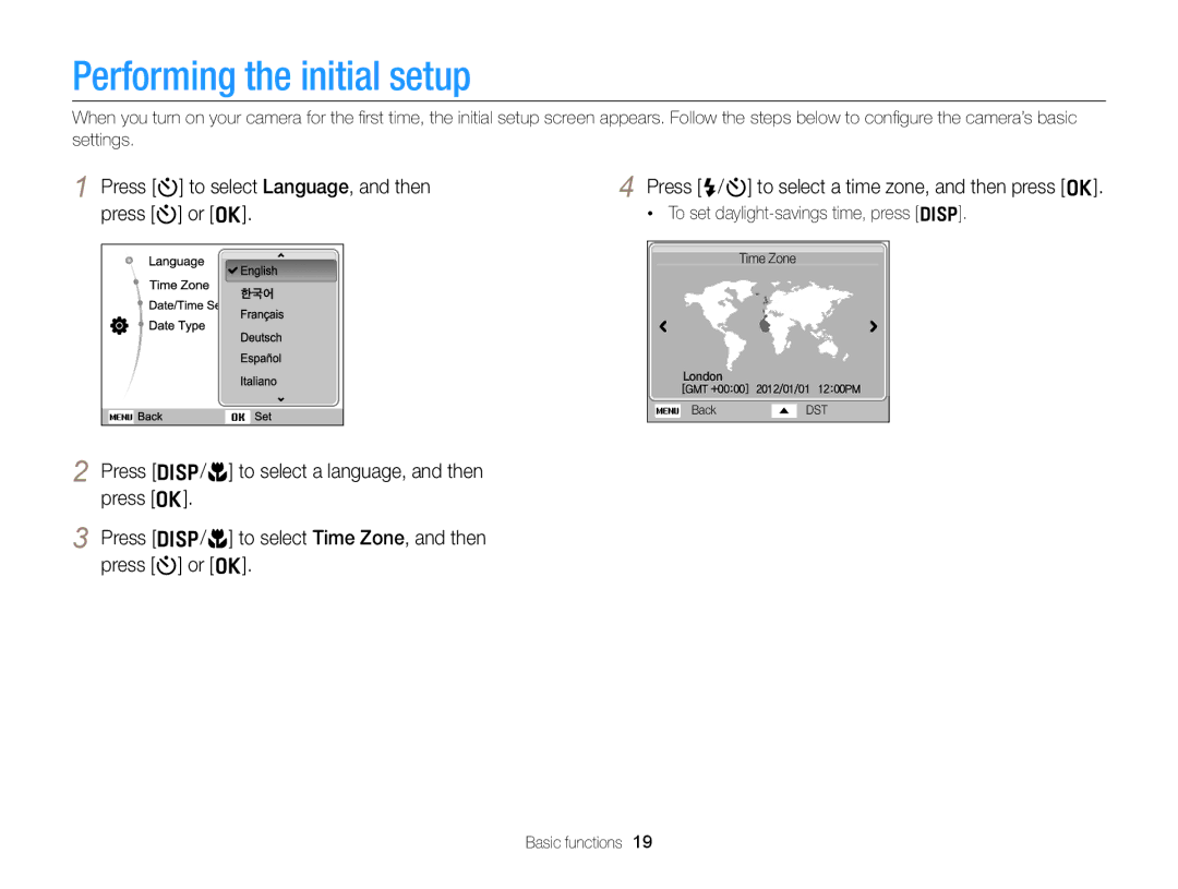 Samsung EC-ST66ZZBPRUS user manual Performing the initial setup, To set daylight-savings time, press D 