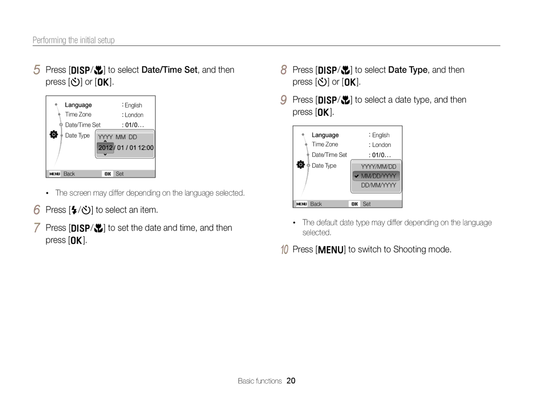 Samsung EC-ST66ZZBPRUS user manual Performing the initial setup, Press D/c to select Date/Time Set, and then press t or o 